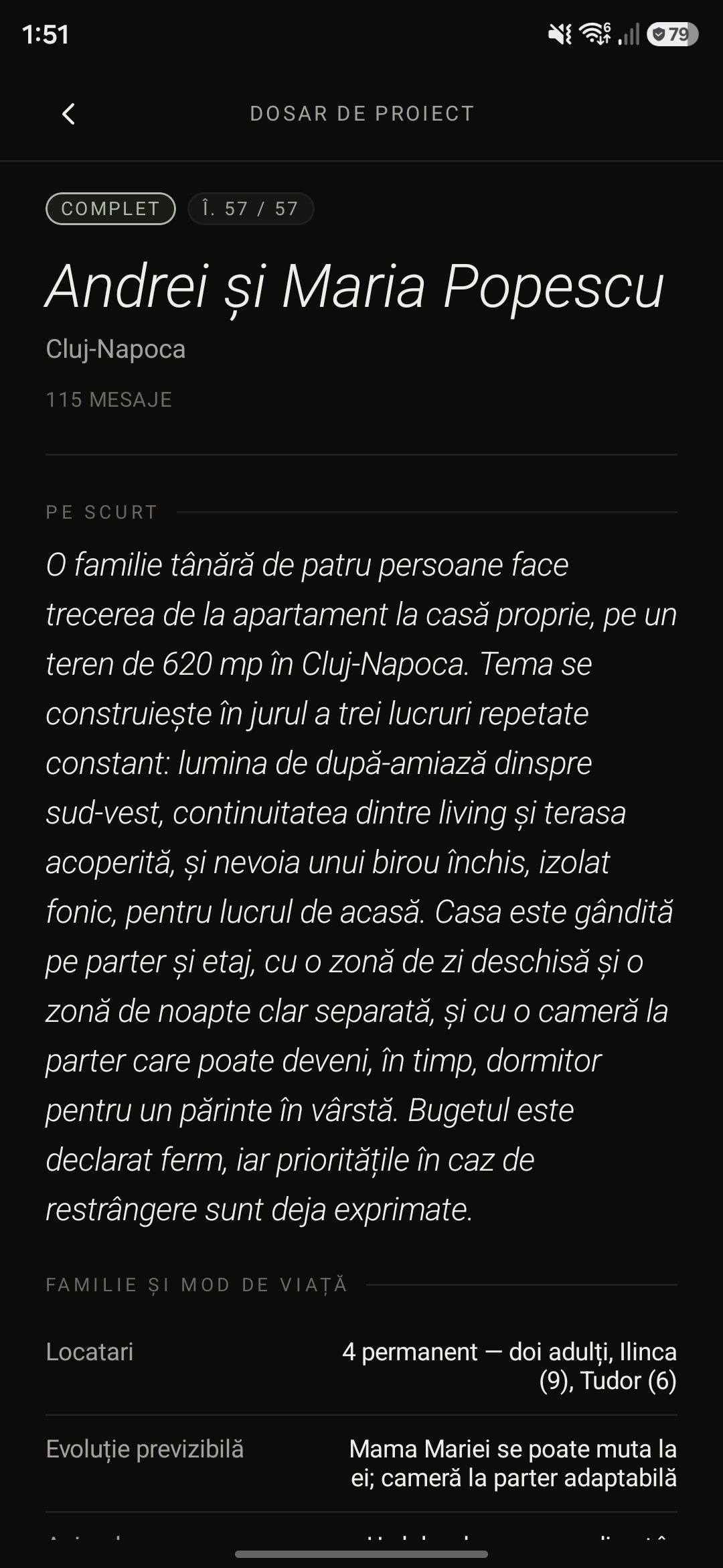Dosarul de proiect al unei familii, cu rezumatul temei de proiectare