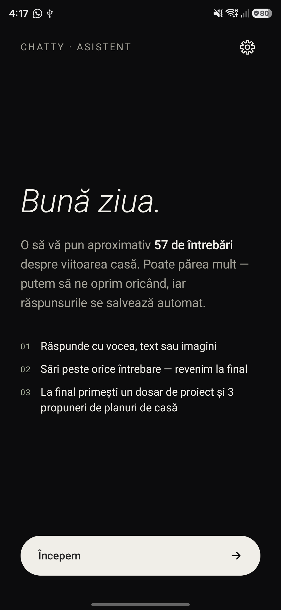 Ecranul de bun venit din aplicația Chatty Architect